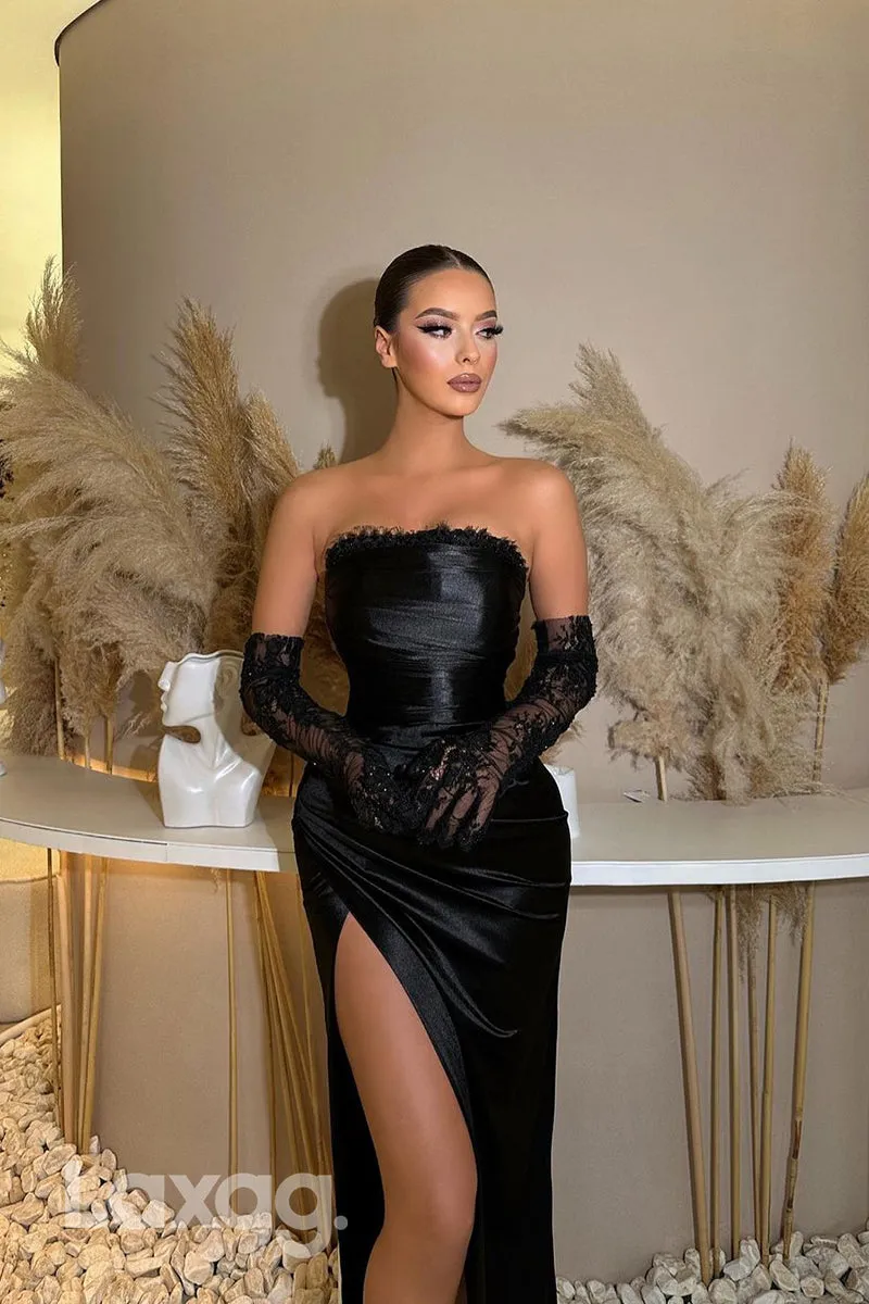 22111 - Strapless Long Sleeves Lace Appliques Draped Satin High Slit Sheath Prom Dress