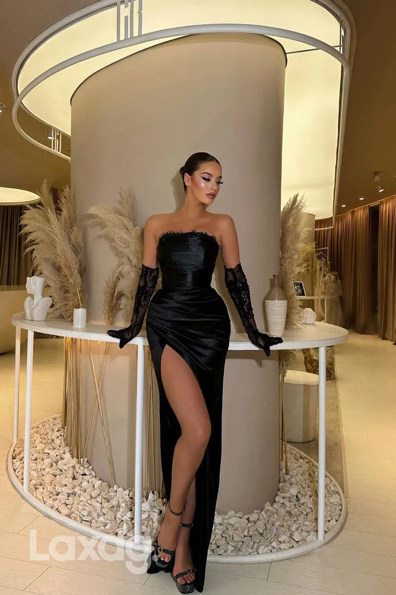 22111 - Strapless Long Sleeves Lace Appliques Draped Satin High Slit Sheath Prom Dress