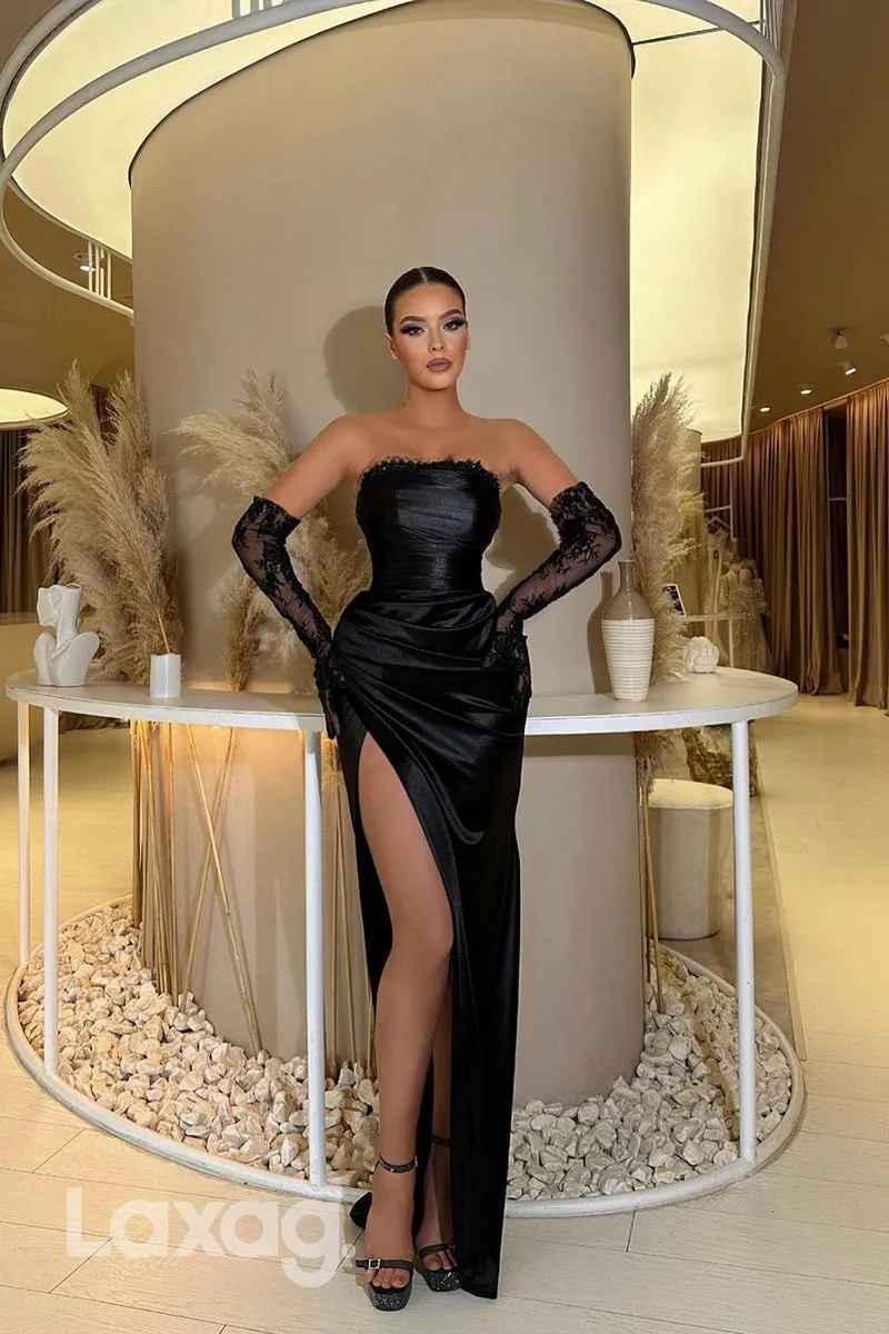 22111 - Strapless Long Sleeves Lace Appliques Draped Satin High Slit Sheath Prom Dress