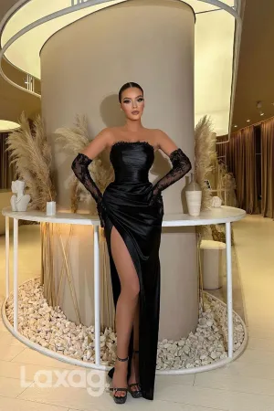 22111 - Strapless Long Sleeves Lace Appliques Draped Satin High Slit Sheath Prom Dress