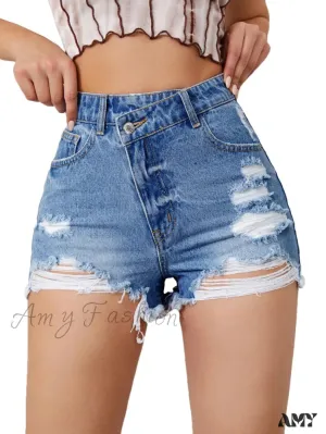 Asymmetrical High Ripped Distressed Frayed Raw Hem Short