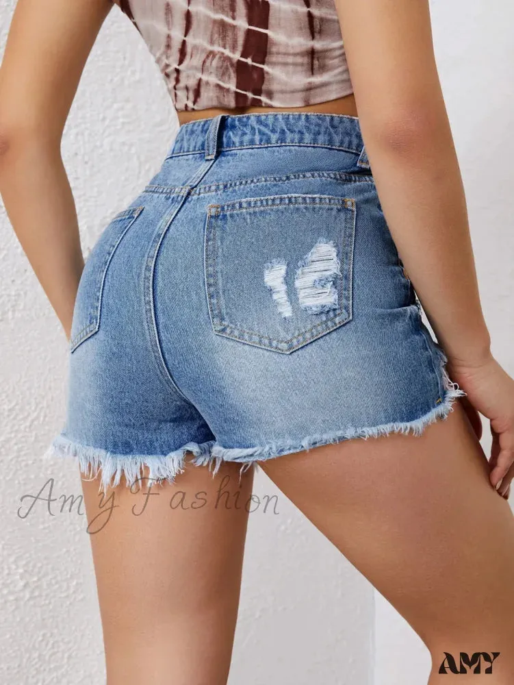 Asymmetrical High Ripped Distressed Frayed Raw Hem Short