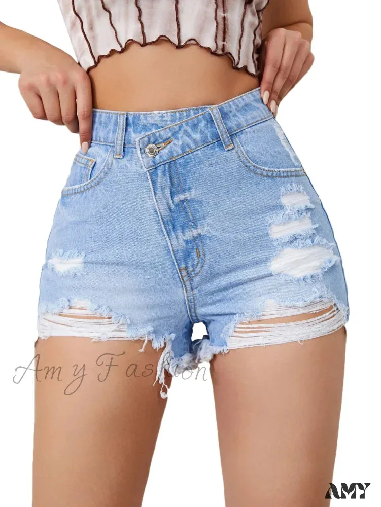 Asymmetrical High Ripped Distressed Frayed Raw Hem Short