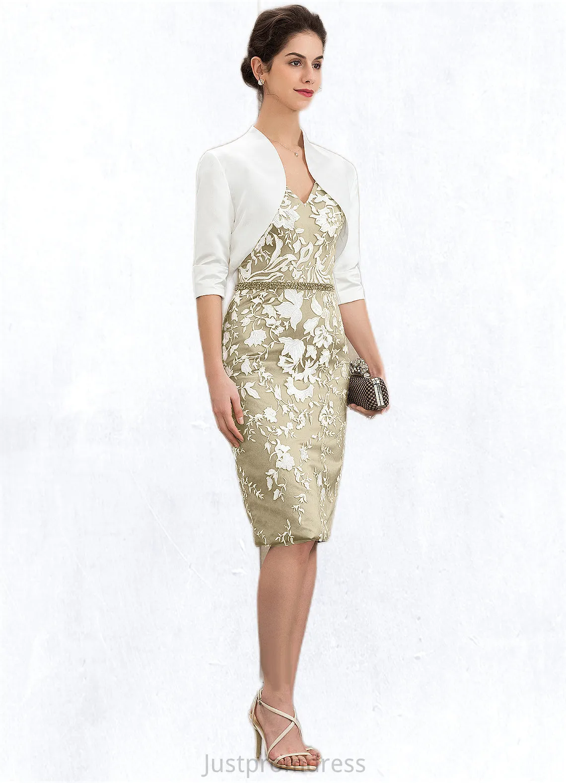 Azaria Sheath/Column V-neck Knee-Length Lace Mother of the Bride Dress With Beading Sequins HH126P0014668