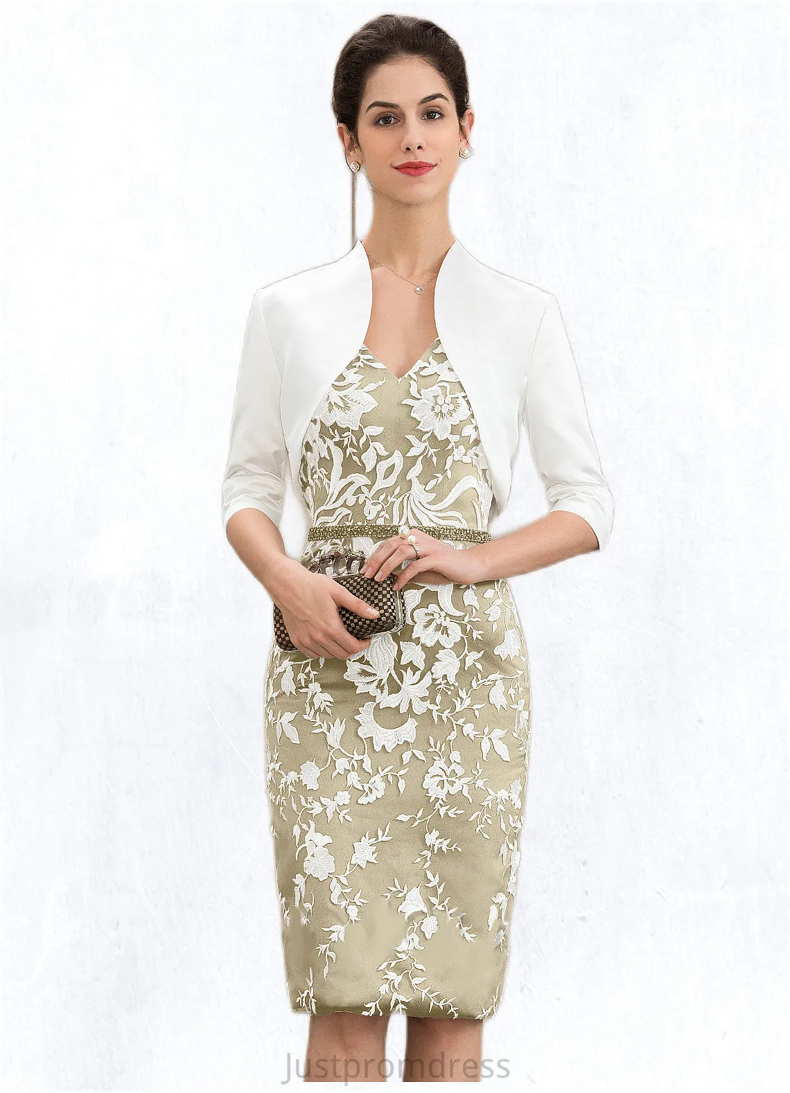 Azaria Sheath/Column V-neck Knee-Length Lace Mother of the Bride Dress With Beading Sequins HH126P0014668