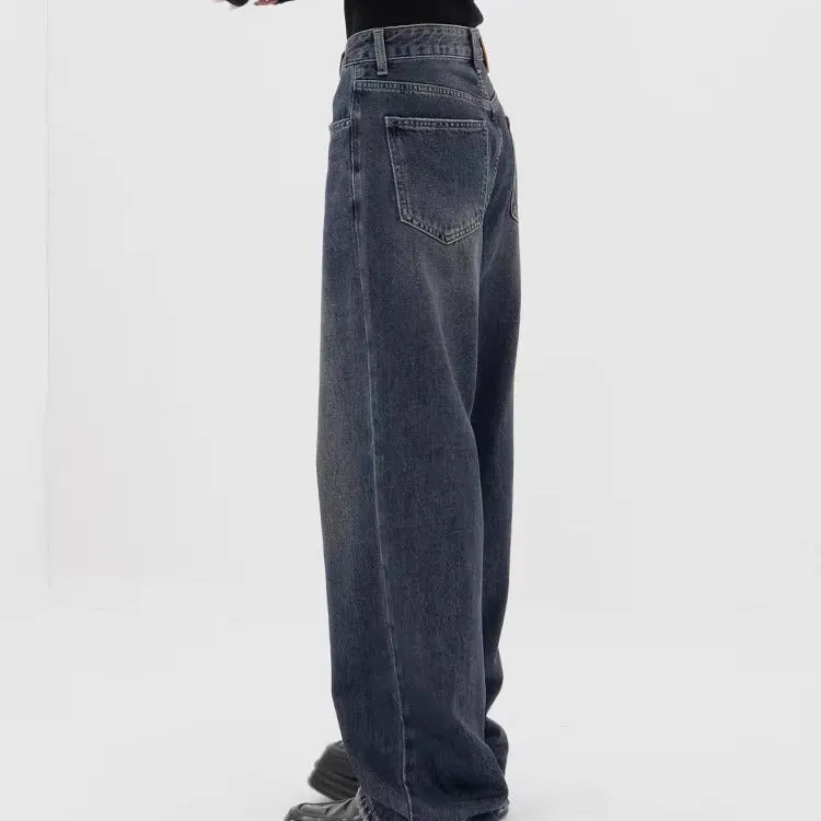Baggy Straight Dark Blue Denim Jeans - Retro Style