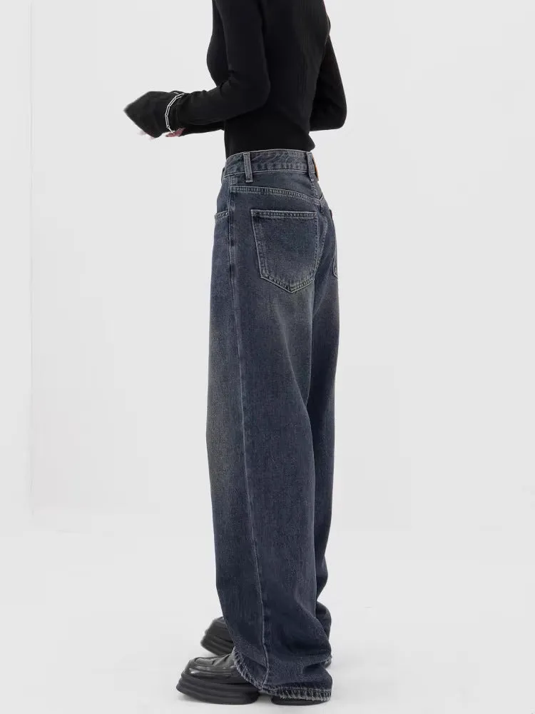Baggy Straight Dark Blue Denim Jeans - Retro Style