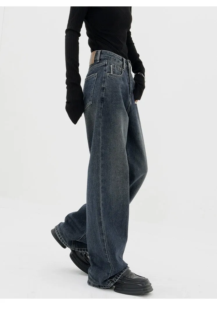 Baggy Straight Dark Blue Denim Jeans - Retro Style