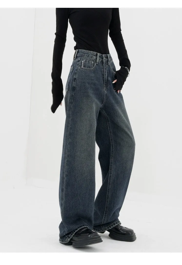 Baggy Straight Dark Blue Denim Jeans - Retro Style