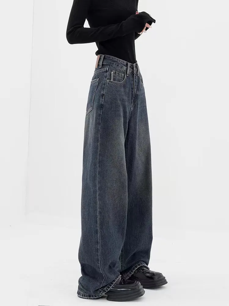 Baggy Straight Dark Blue Denim Jeans - Retro Style