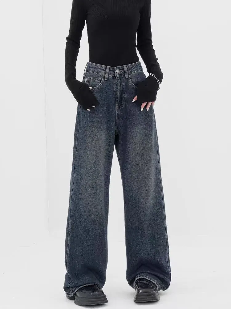 Baggy Straight Dark Blue Denim Jeans - Retro Style