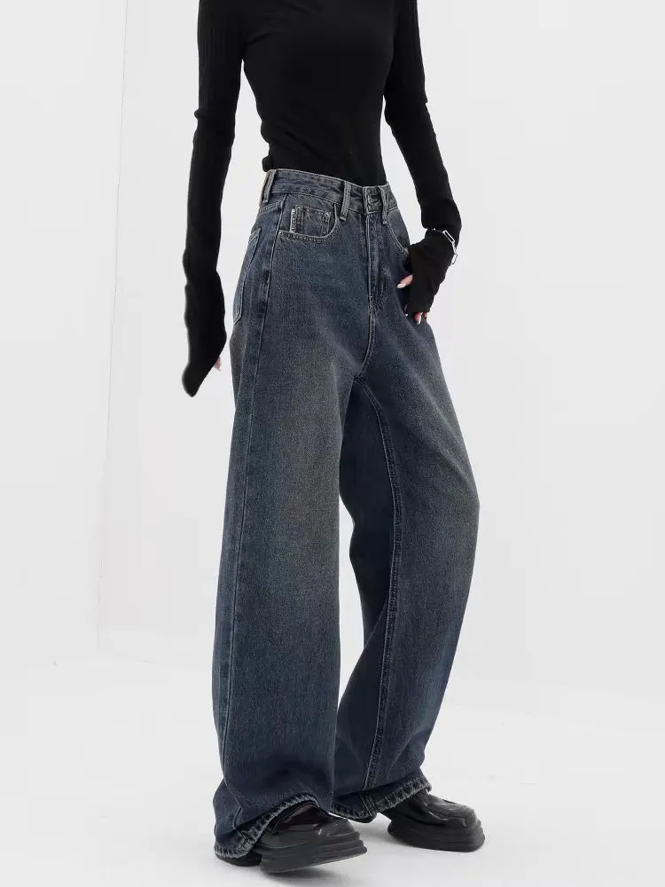 Baggy Straight Dark Blue Denim Jeans - Retro Style