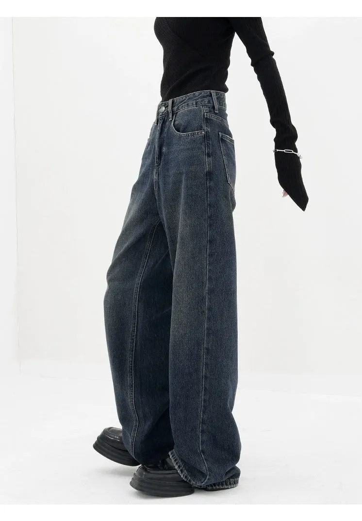 Baggy Straight Dark Blue Denim Jeans - Retro Style