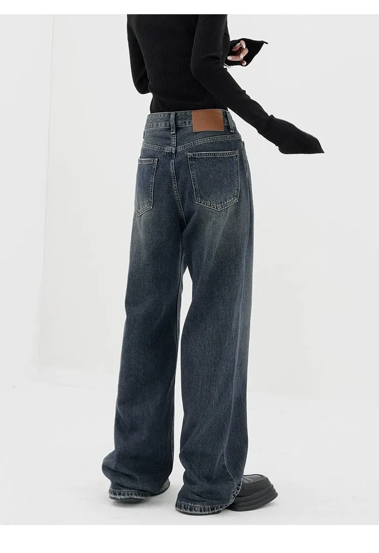 Baggy Straight Dark Blue Denim Jeans - Retro Style