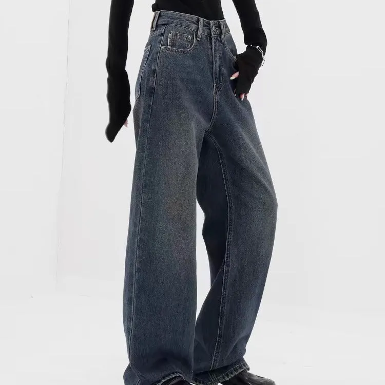Baggy Straight Dark Blue Denim Jeans - Retro Style