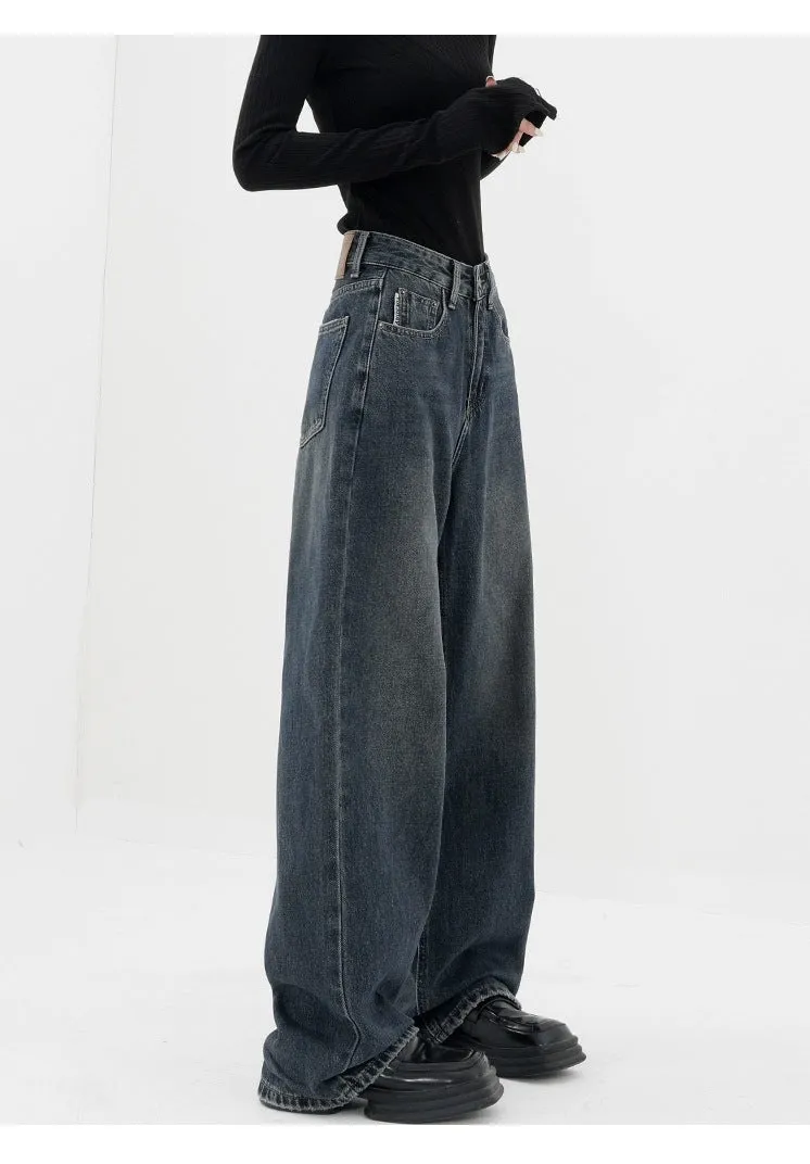 Baggy Straight Dark Blue Denim Jeans - Retro Style
