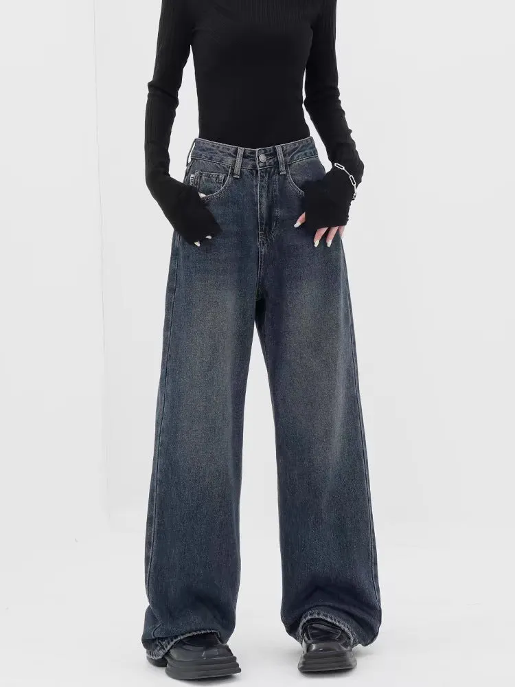 Baggy Straight Dark Blue Denim Jeans - Retro Style