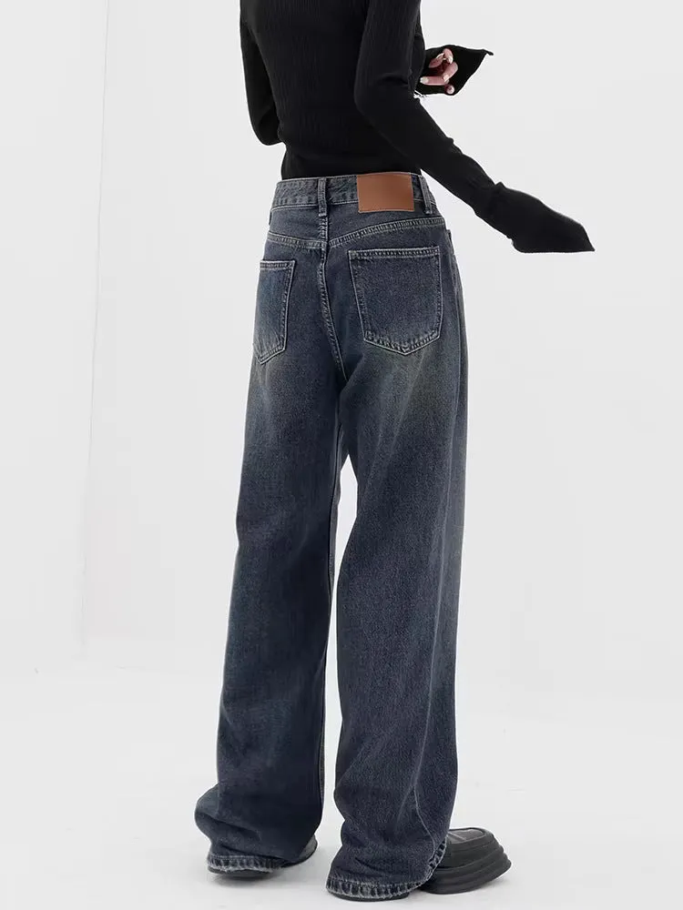 Baggy Straight Dark Blue Denim Jeans - Retro Style
