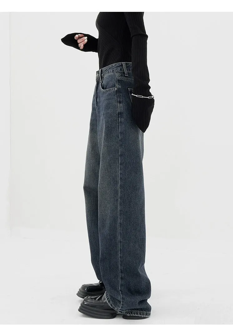 Baggy Straight Dark Blue Denim Jeans - Retro Style