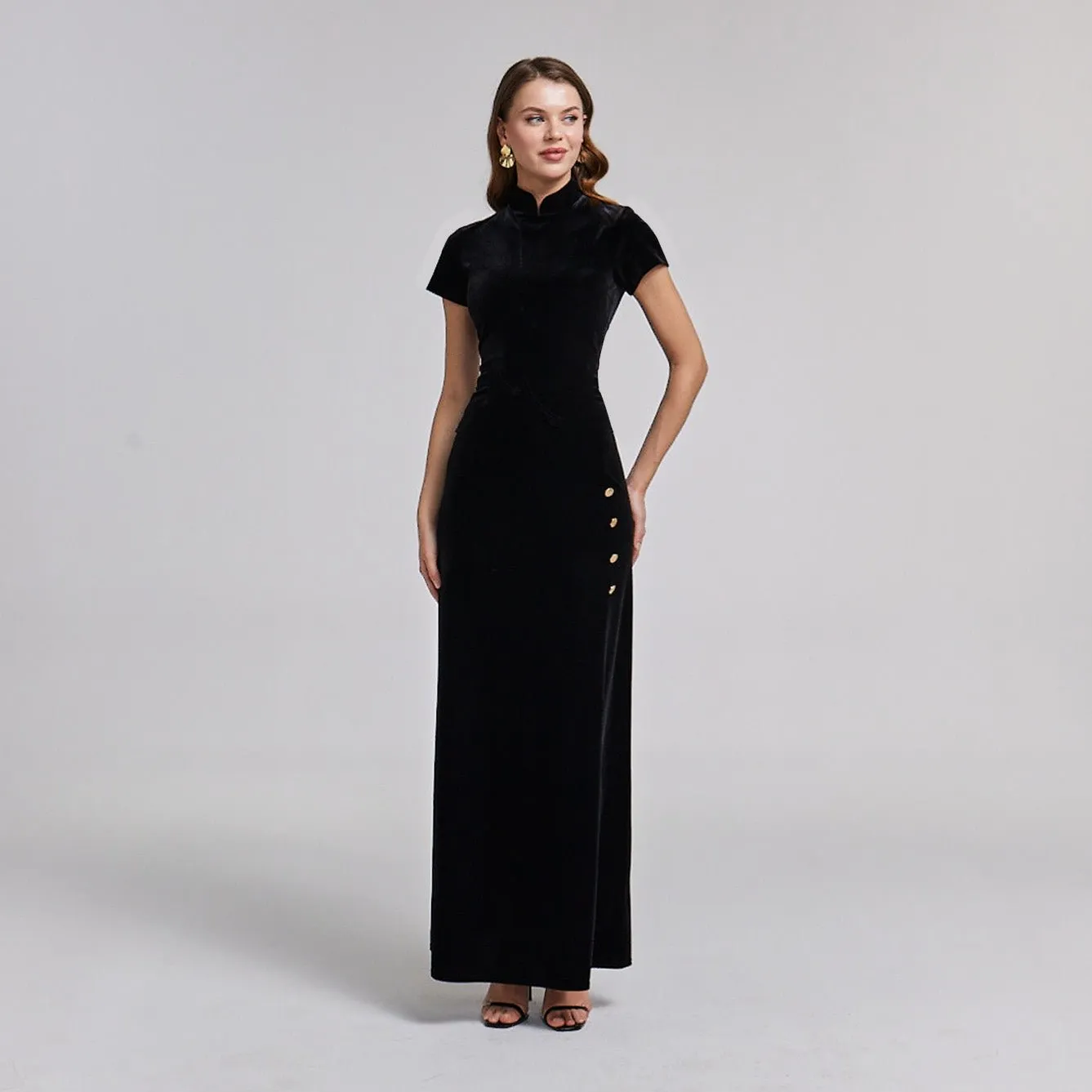 Black Short Sleeve Velvet Maxi Dress