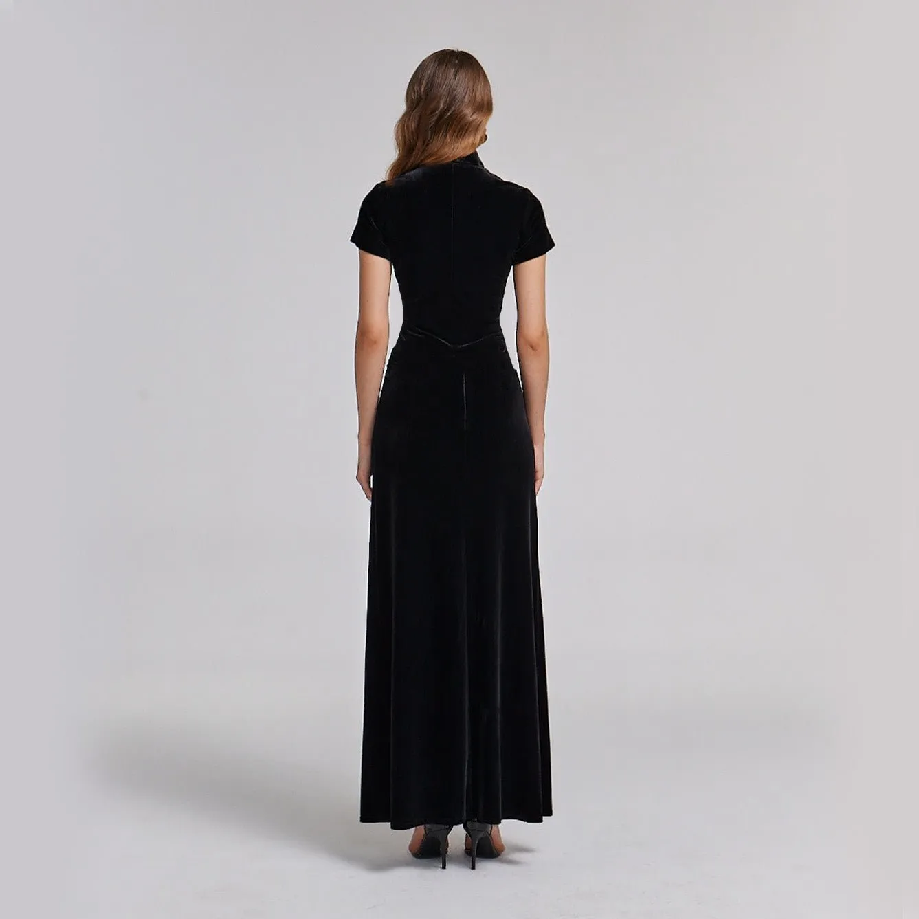 Black Short Sleeve Velvet Maxi Dress
