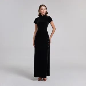 Black Short Sleeve Velvet Maxi Dress