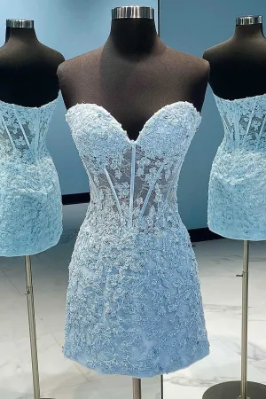 Blue Appliques Strapless Short Homecoming Dress
