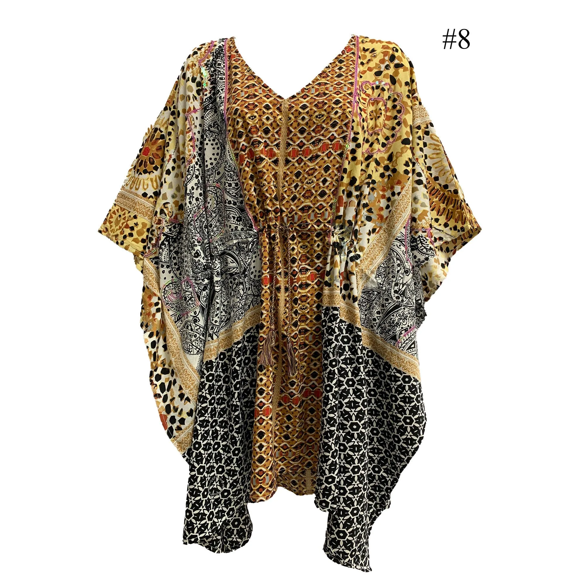 Boho Sequined Ethnic Print Short Caftan Beach Loose Fit Tunic Soft Silky Dress Shila