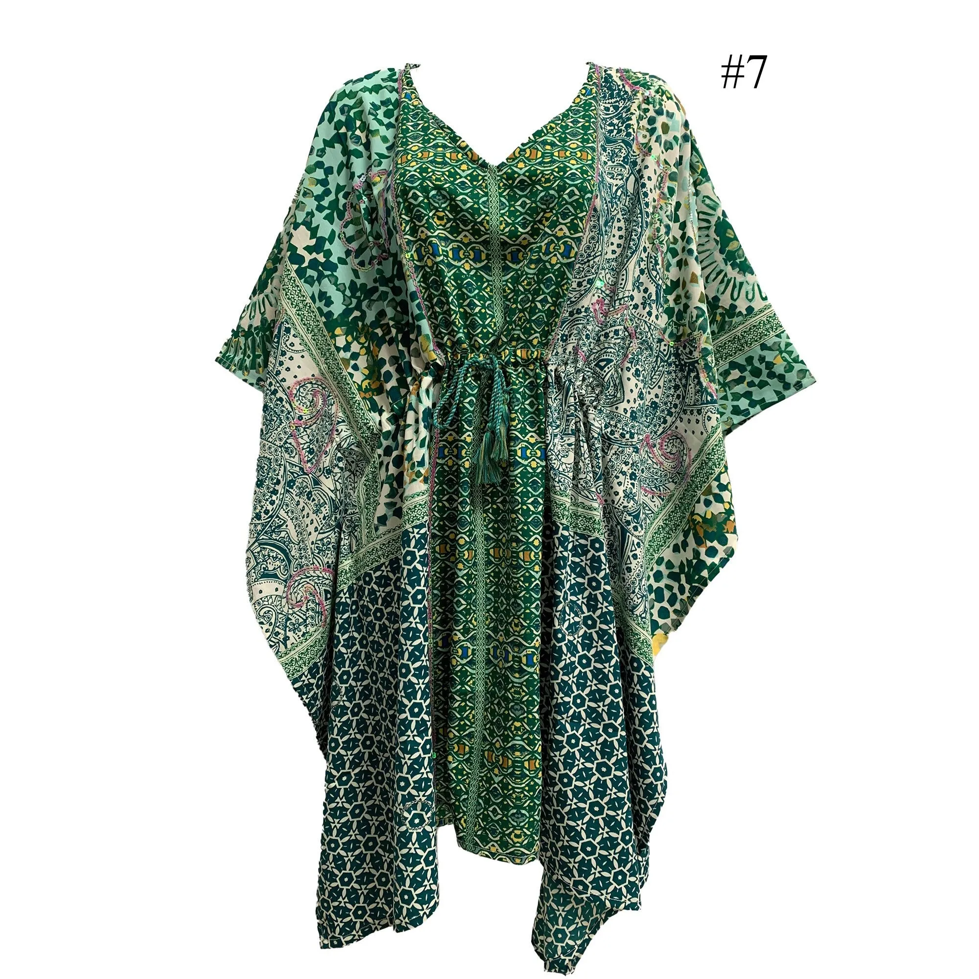 Boho Sequined Ethnic Print Short Caftan Beach Loose Fit Tunic Soft Silky Dress Shila