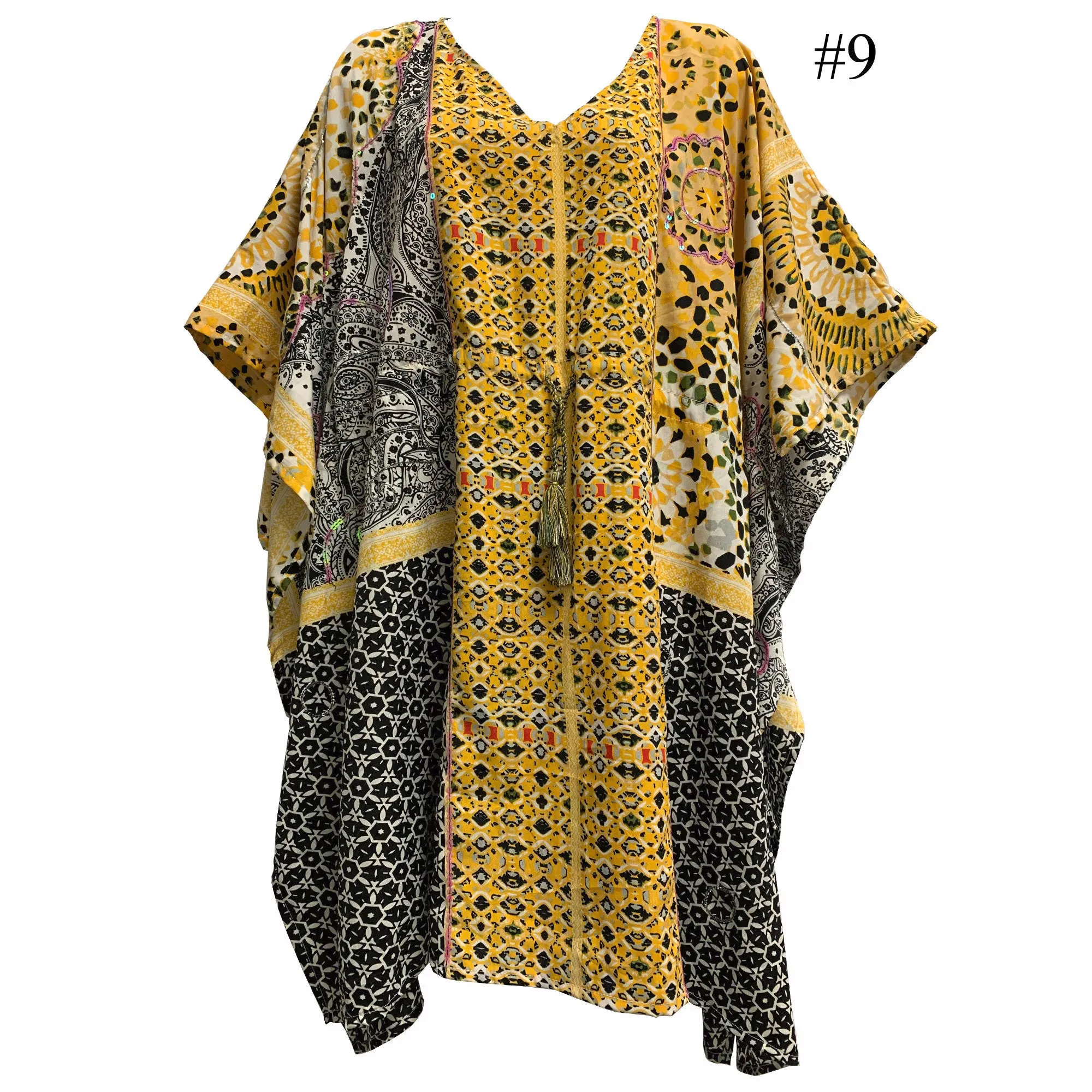 Boho Sequined Ethnic Print Short Caftan Beach Loose Fit Tunic Soft Silky Dress Shila