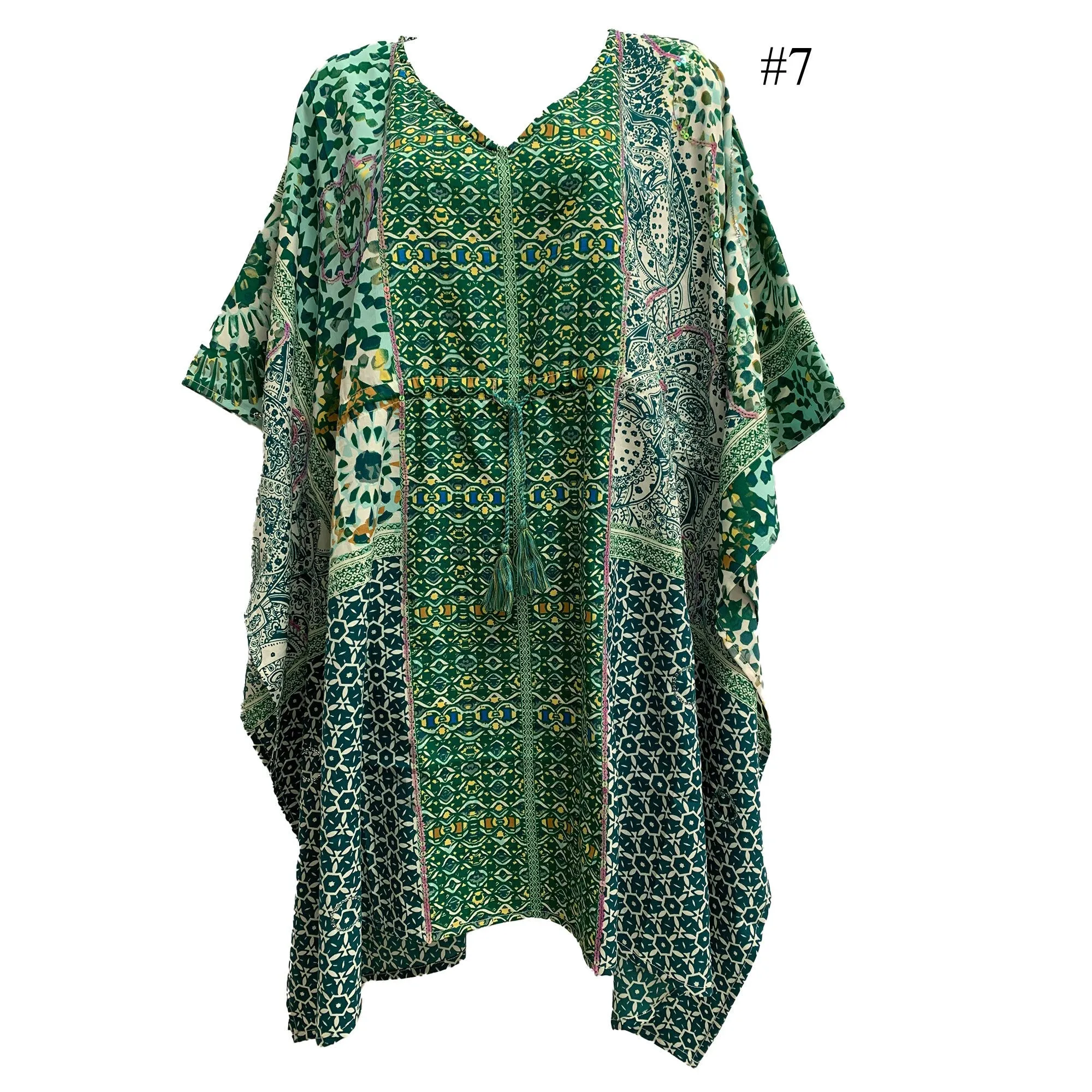 Boho Sequined Ethnic Print Short Caftan Beach Loose Fit Tunic Soft Silky Dress Shila