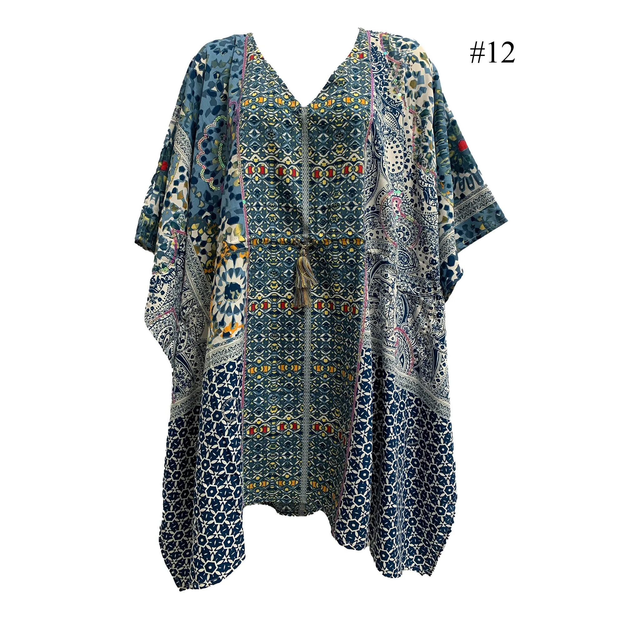 Boho Sequined Ethnic Print Short Caftan Beach Loose Fit Tunic Soft Silky Dress Shila