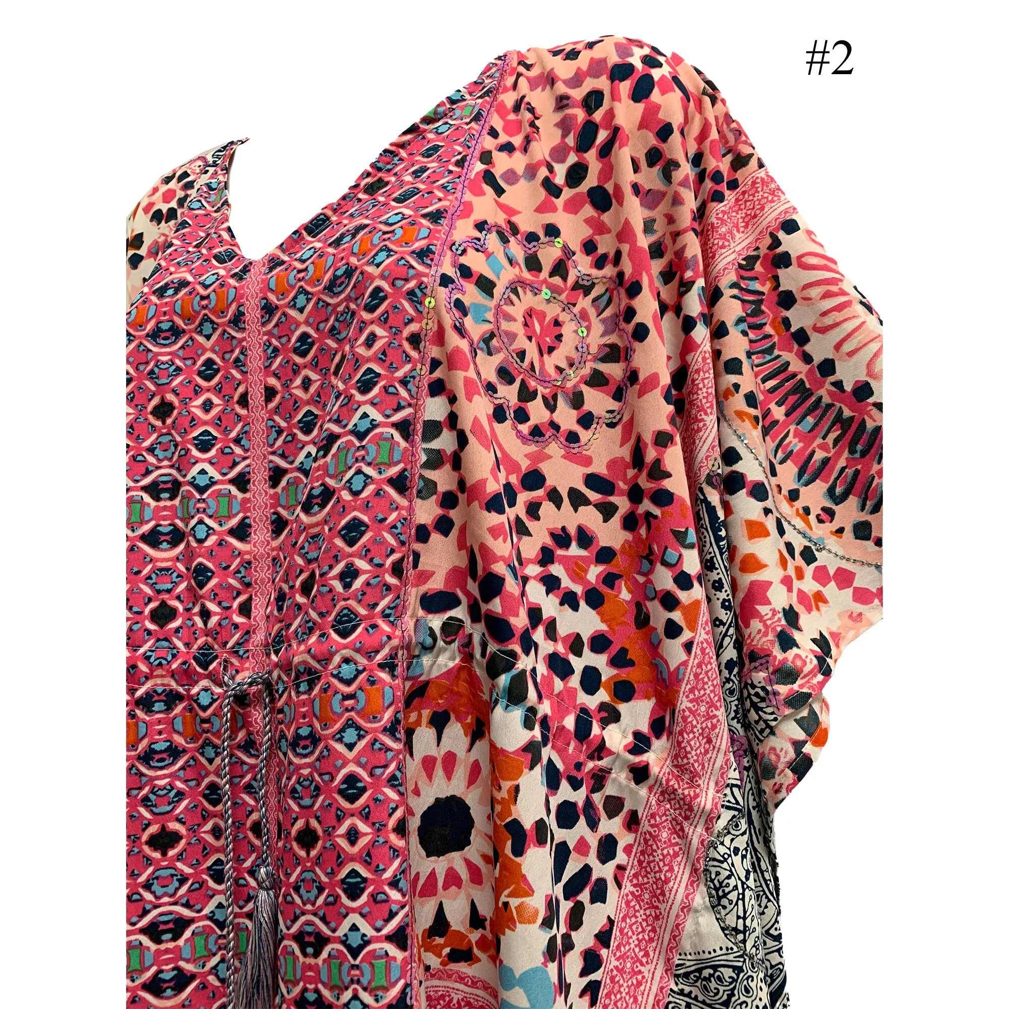 Boho Sequined Ethnic Print Short Caftan Beach Loose Fit Tunic Soft Silky Dress Shila