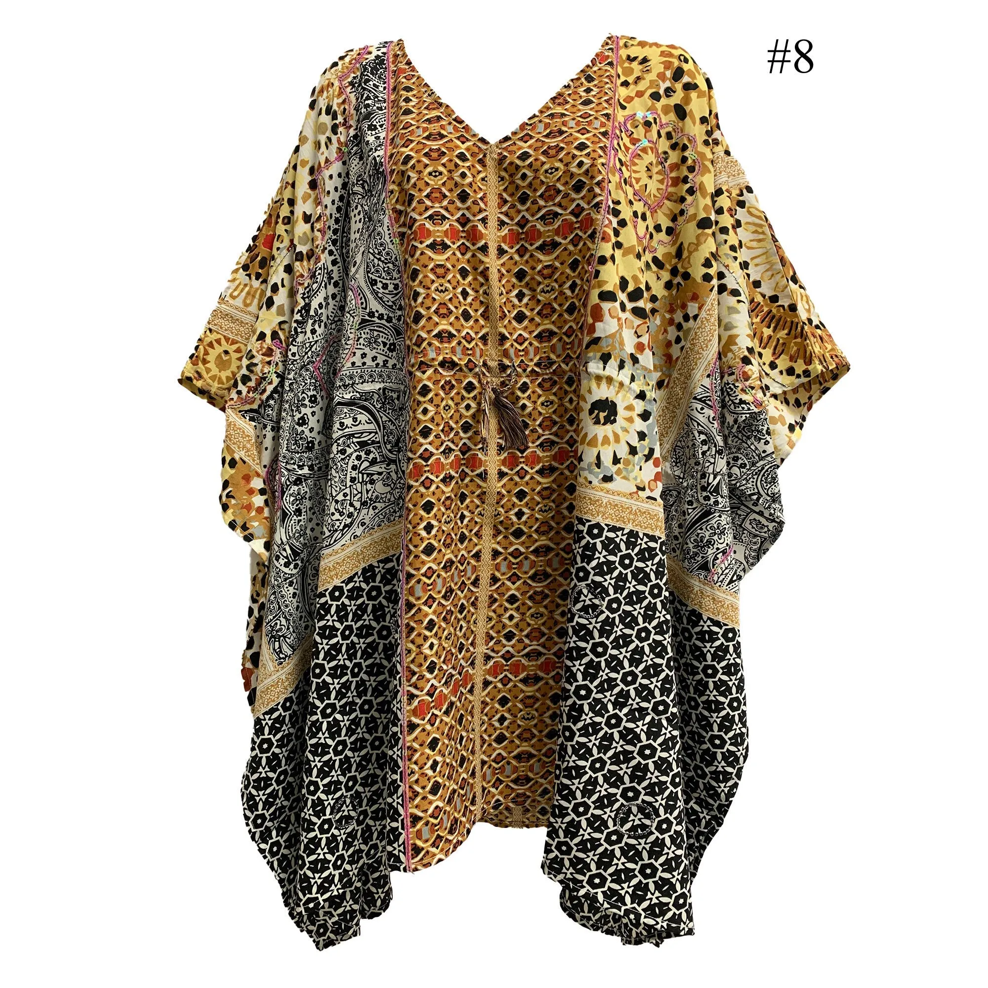 Boho Sequined Ethnic Print Short Caftan Beach Loose Fit Tunic Soft Silky Dress Shila