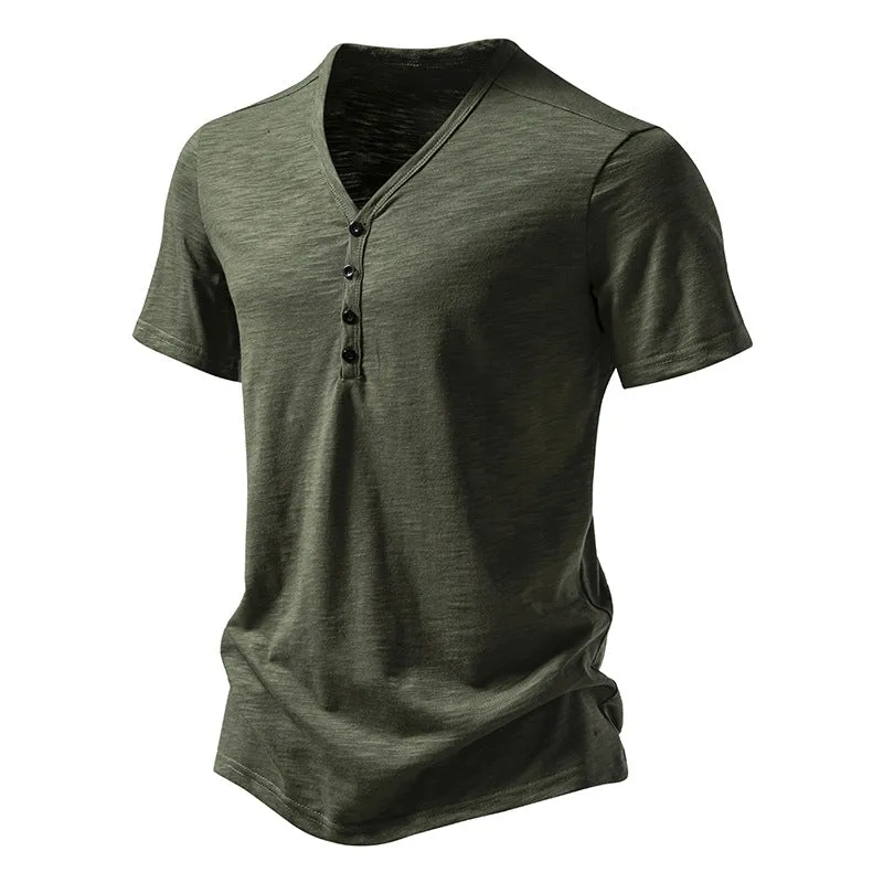Buttons V-neck Short Sleeves Men T-Shirt