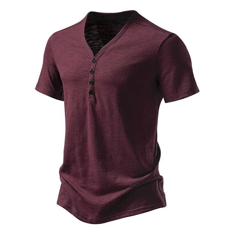Buttons V-neck Short Sleeves Men T-Shirt