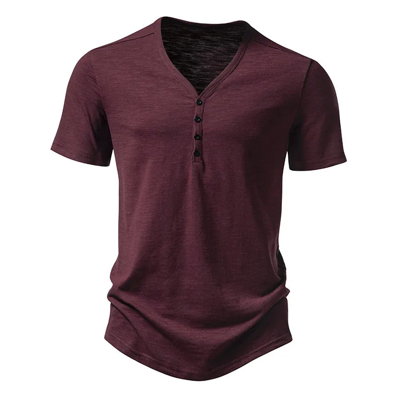 Buttons V-neck Short Sleeves Men T-Shirt