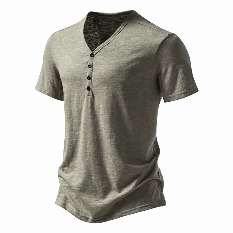 Buttons V-neck Short Sleeves Men T-Shirt