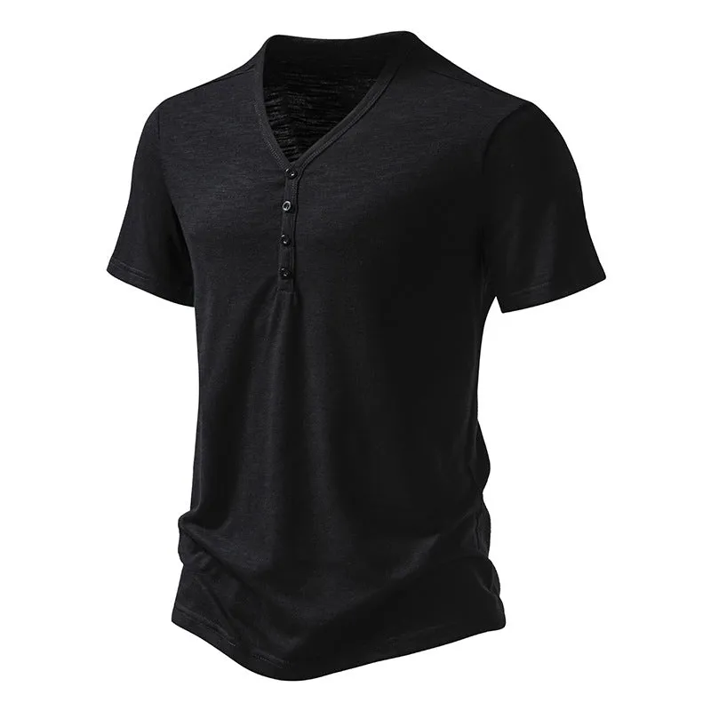 Buttons V-neck Short Sleeves Men T-Shirt