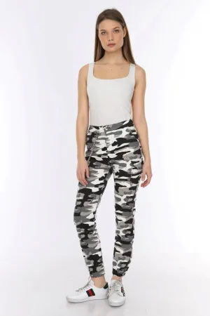 Chain Detail Slim White Camouflage Cargo Trousers
