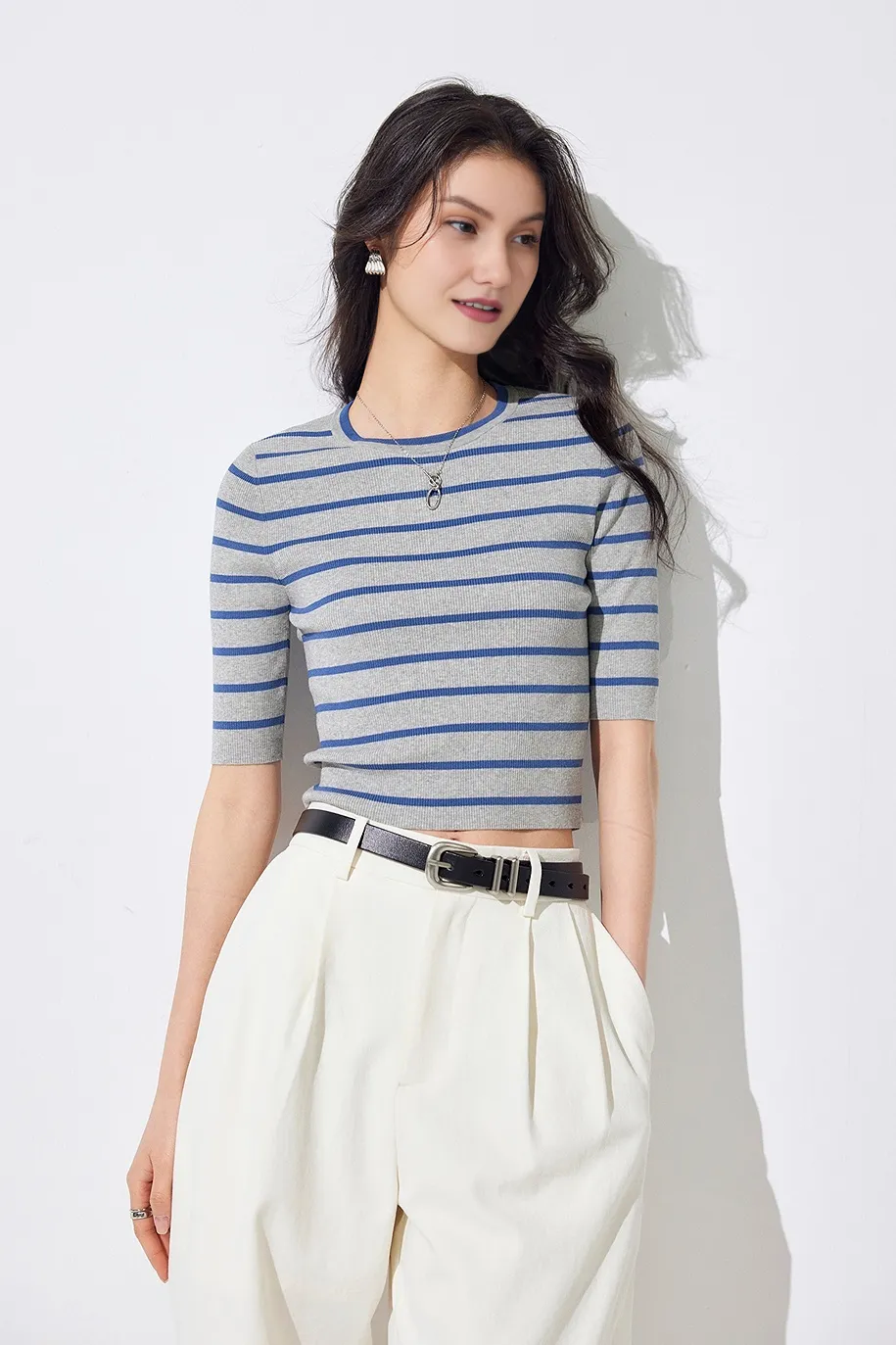 Classic Crewneck Cropped Knit Striped Sweater