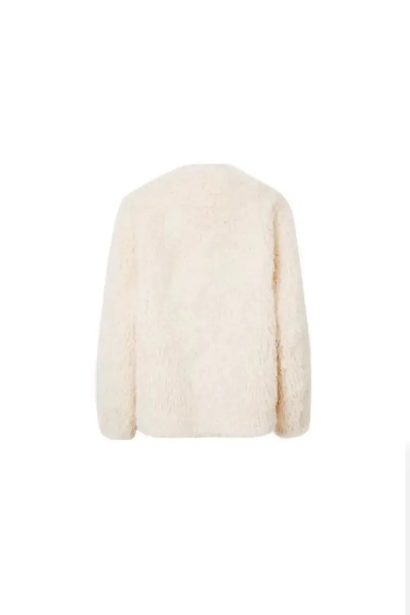 Collarless Faux Shearling & Faux Suede Jacket