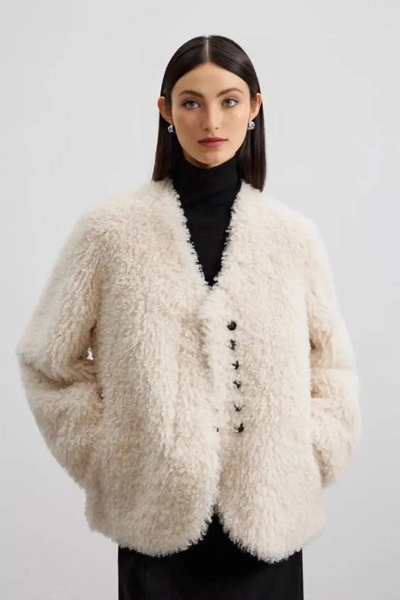 Collarless Faux Shearling & Faux Suede Jacket