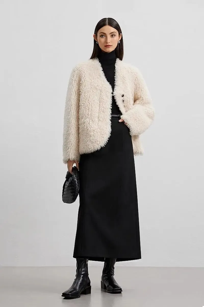 Collarless Faux Shearling & Faux Suede Jacket