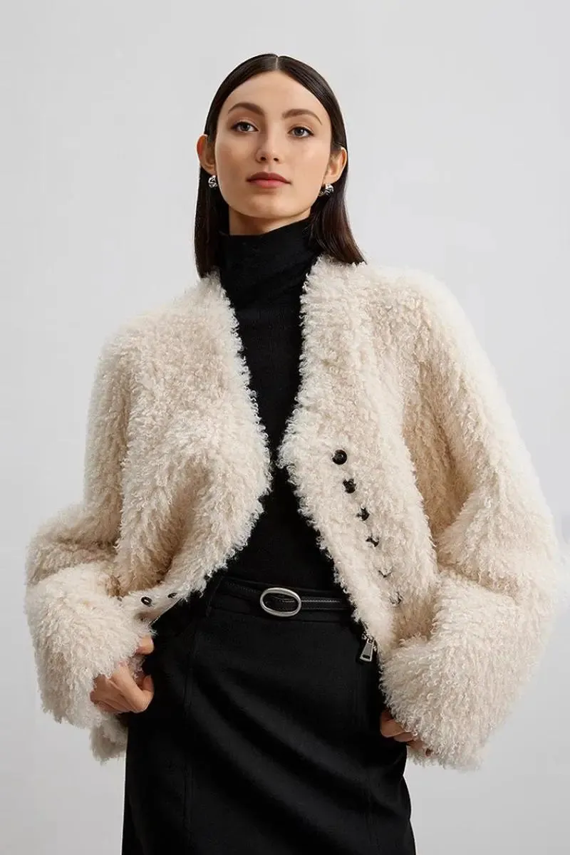 Collarless Faux Shearling & Faux Suede Jacket