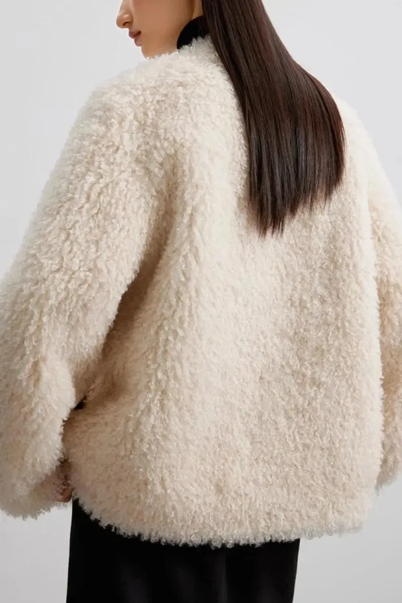 Collarless Faux Shearling & Faux Suede Jacket