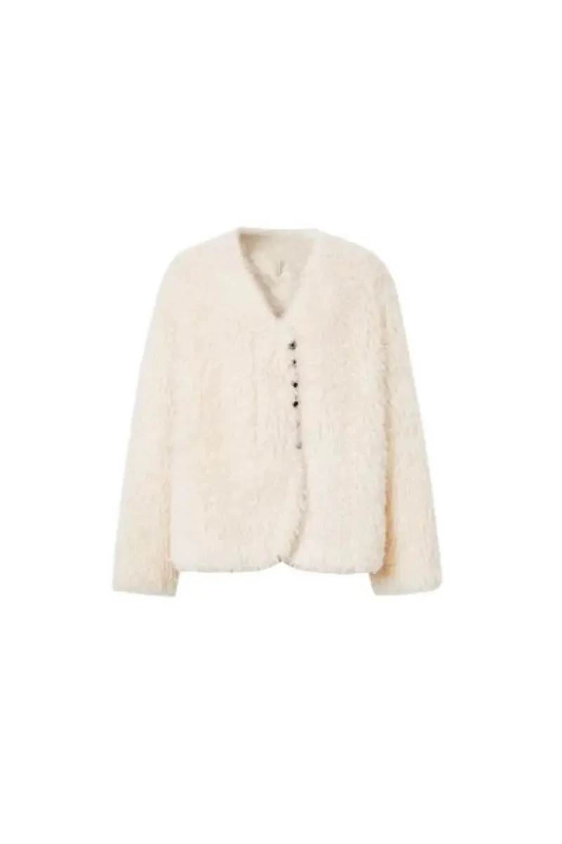Collarless Faux Shearling & Faux Suede Jacket