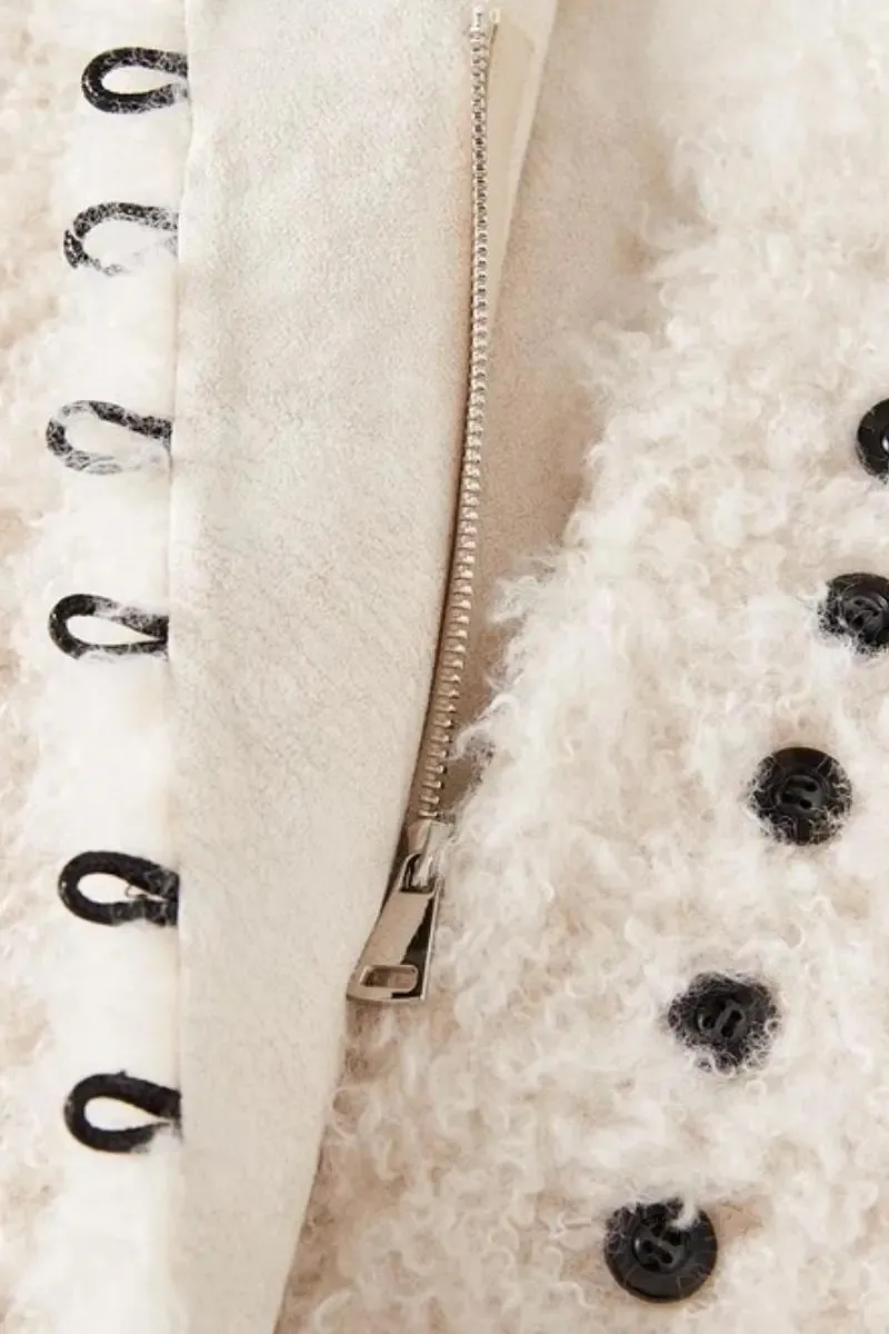 Collarless Faux Shearling & Faux Suede Jacket