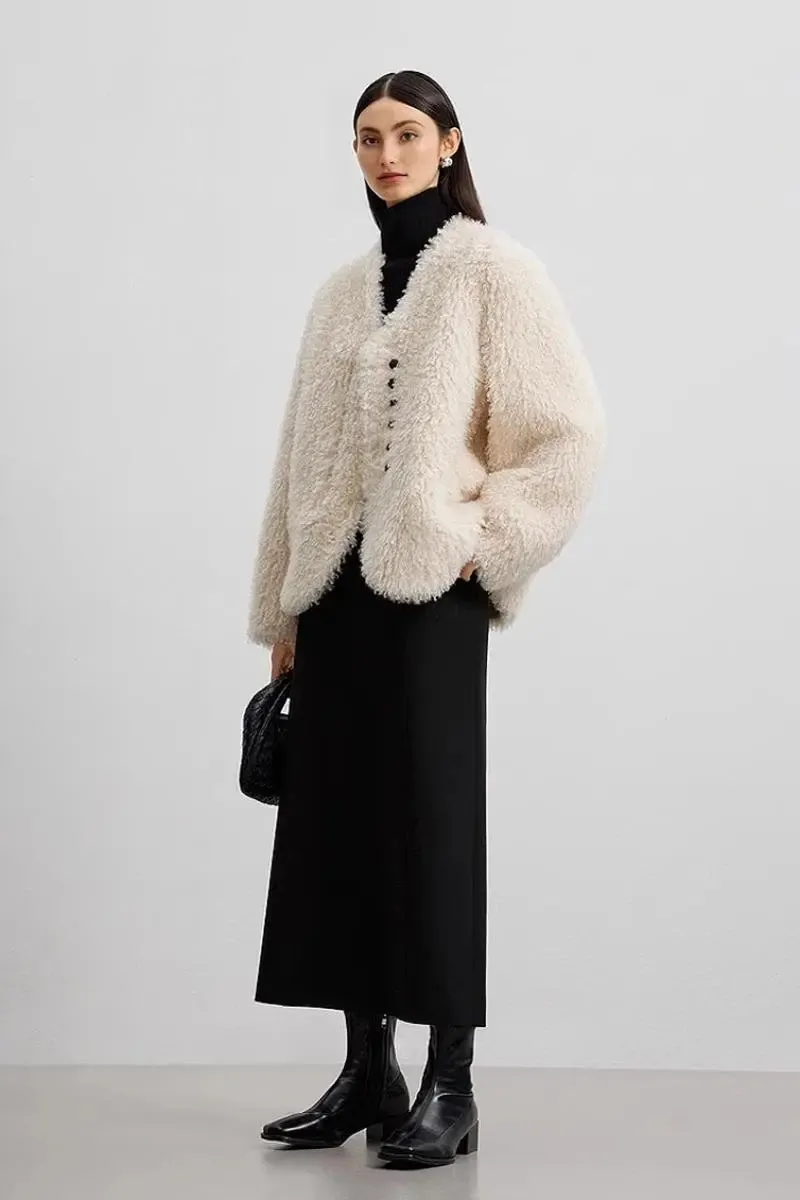 Collarless Faux Shearling & Faux Suede Jacket