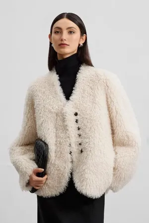Collarless Faux Shearling & Faux Suede Jacket
